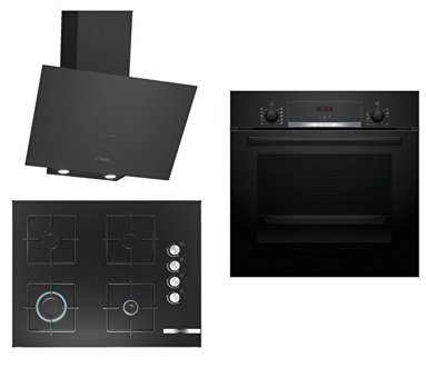 Bosch HBF514BB1T - POP7C6O12O - DWK64PJ60T Dijital Gösterge Doğalgazlı Cam Set Üstü Davlumbaz 3'lü Ankastre Set Siyah
