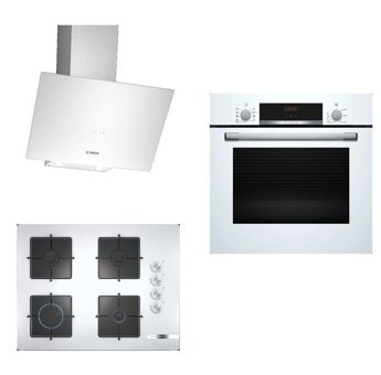 Bosch HBF534EW3T - POP7C2O12O - DWK64PJ20T Dijital Gösterge Doğalgazlı Cam Klasik Set Üstü Davlumbaz 3'lü Ankastre Set Beyaz