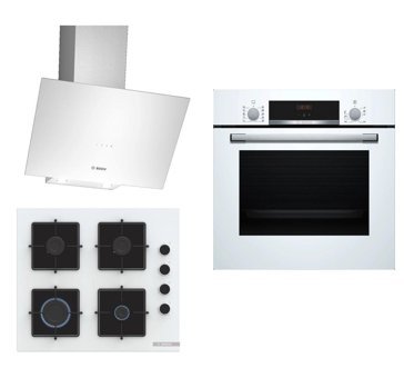 Bosch HBF514BW1T - POP6C2P30O - DWK64PJ20T Doğalgazlı Cam Klasik Set Üstü Davlumbaz 3'lü Ankastre Set Beyaz
