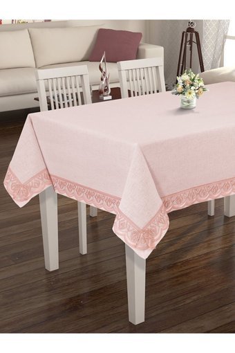 Tropikhome Dantel Detaylı Polyester 150 x 220 cm Dertsiz Kare Masa Örtüsü Pembe