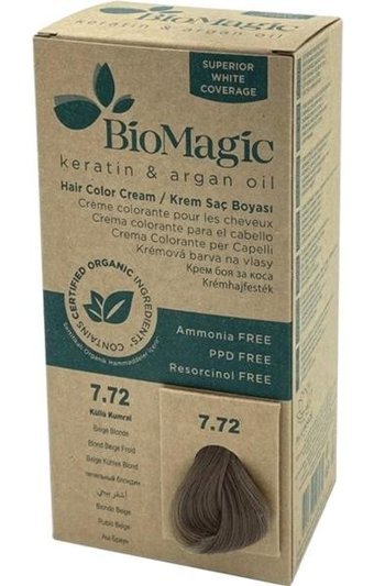 BioMagic Keratin & Argan Yağı 7.72 Küllü Kumral Organik Amonyaksız Vegan Krem Erkek Saç Boyası 60 Ml