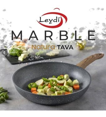 Leydi Marble Natura Ahşap Saplı Alüminyum 28 cm Düz Tava Gri