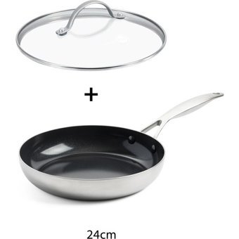 Greenpan Kapaklı Çelik Saplı Paslanmaz Çelik 24 cm Düz Tava Gri