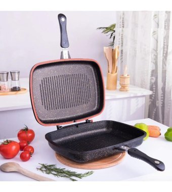 Fi Home İkiz Plastik Saplı Granit 36 cm Grill Tava Siyah