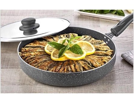 Trendbull Kapaklı Plastik Saplı Granit 30 cm Balık Tava Gri