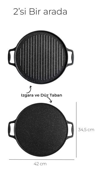 Zetmon Çift Taraflı Döküm Saplı Döküm 34 cm Gözleme - Bazlama Tava Siyah