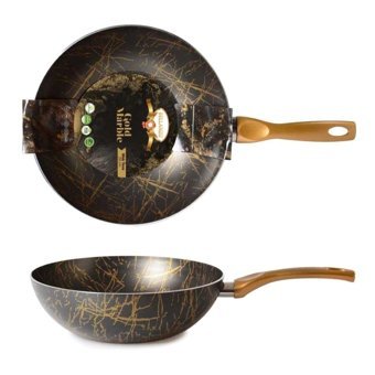 Hazarpazar Ahşap Saplı Alüminyum 28 cm Wok Tava Altın-Siyah