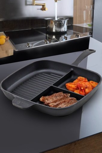 Lava 3 Bölmeli Döküm 30 cm Grill Tava Siyah