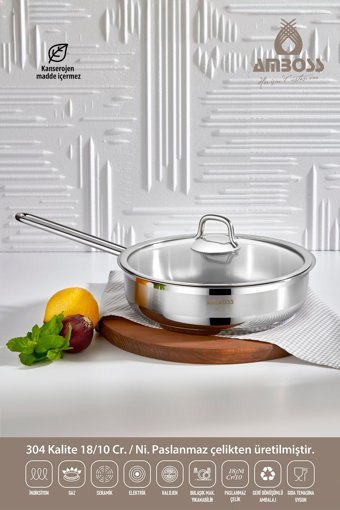 Amboss Kapaklı Çelik Saplı Paslanmaz Çelik 22 cm Düz Tava Gri