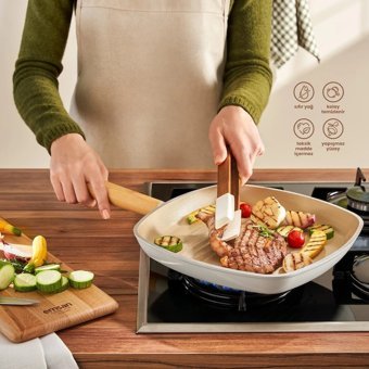 Emsan Swiss Crystal Ahşap Saplı 28 cm Grill Tava Krem