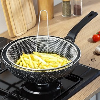Porsima Fritöz Sepetli Plastik Saplı Granit 28 cm Wok Tava Siyah