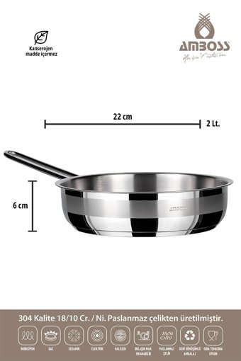 Amboss Çelik Saplı Paslanmaz Çelik 22 cm Düz Tava Gri