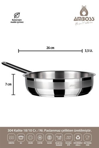 Amboss Çelik Saplı Paslanmaz Çelik 26 cm Düz Tava Gri