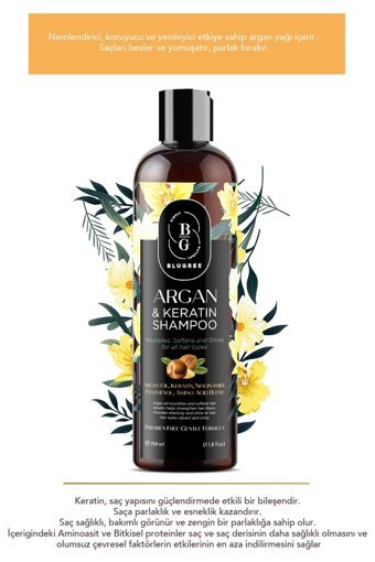 Blugree Nemlendirici Arındırıcı İnce Telli Saçlar İçin Sülfatsız Keratin Argan Yağlı Parabensiz Bitkisel Şampuan 350 ml