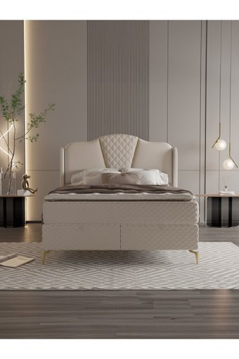 Modamed Mari Gold 150x200 cm Yataklı Başlıklı Çift Kişilik Sandıklı Baza Seti Bej