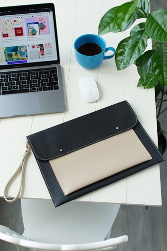 Dk Leather 13-13.3-14 inç Deri Su Geçirmez Kılıf Laptop Çantası Krem-Siyah