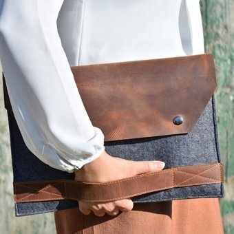 Dk Leather 16 inç Deri Su Geçirmez El-Omuz Laptop Çantası Gri-Kahverengi
