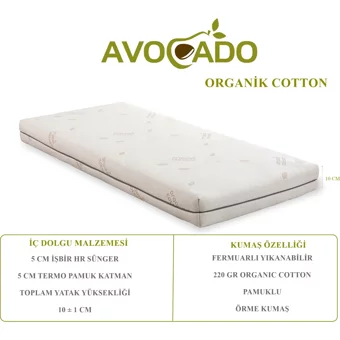 Avocado Dikdörtgen Pamuk Sünger Ortopedik 50x100 cm Beşik Yatağı