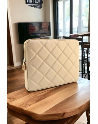Qub Club Kapitone 13-14 inç Kapitone Deri Su Geçirmez Kılıf Laptop Çantası Vizon