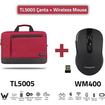 Classone TL5005-WM400 15.6 inç Kumaş Su Geçirmez El-Omuz Laptop Çantası Bordo