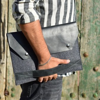 Dk Leather 16 inç Deri Su Geçirmez El-Omuz Laptop Çantası Gri-Siyah