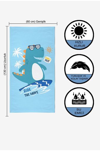 Vevienhome Surf Dino Pamuklu Çocuk Plaj Havlusu Çok Renkli