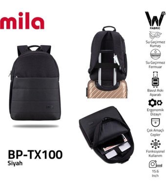 Classone Mila 15.6 inç Kumaş Su Geçirmez Sırt Laptop Çantası Siyah