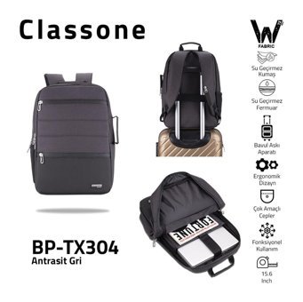 Classone Combo 15.6 inç Kumaş Su Geçirmez Sırt Laptop Çantası Antrasit