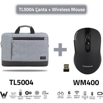 Classone TL5004-WM400 15.6 inç Kumaş Su Geçirmez El-Omuz Laptop Çantası Gri