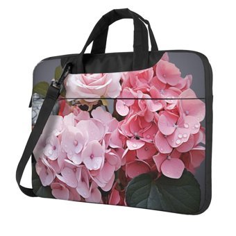 VducK Ortanca Çiçeği Desenli 15.6 inç Oxford Kumaş Su Geçirmez El-Omuz Laptop Çantası Pembe-Siyah