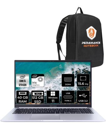 Asus Vivobook 15 X1502ZA EJ1071 Dahili Iris Xe Graphics Eligible Intel Core i5 1235U 40 GB Ram 4 TB SSD 15.6 inç Full HD Windows 11 Home Laptop + PER4 Çanta