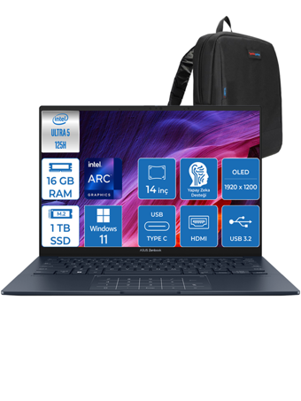 Asus Zenbook 14 QD089WP02 Dahili Intel ARC Graphics Intel Core Ultra 5 125H 16 GB Ram 1 TB SSD 14 inç Full HD Windows 11 Pro Laptop