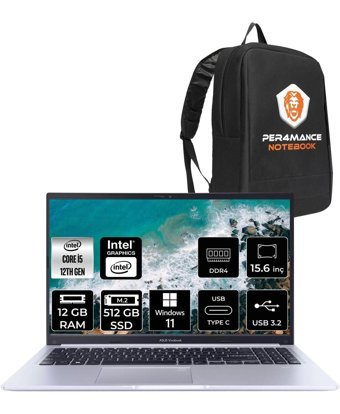 Asus Vivobook 15 X1502ZA EJ031W Dahili Iris Xe Graphics Eligible Intel Core i5 1235U 12 GB Ram 512 GB SSD 15.6 inç Full HD Windows 11 Pro Laptop + PER4 Çanta