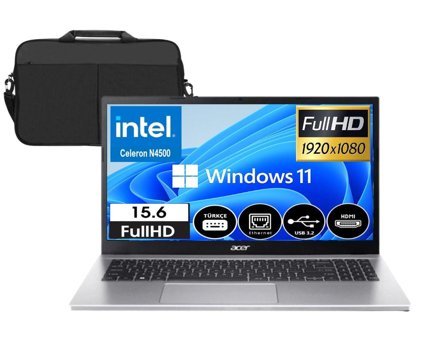 Acer Aspire 3 A315-35-C8YJ03 Dahili UHD Graphics Intel Celeron 4500 4 GB Ram 1 TB SSD 15.6 inç Full HD Windows 11 Laptop + Çanta