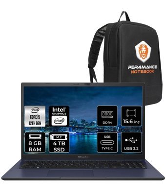 Asus ExpertBook B1502CBA BQ0254 Dahili Iris Xe Graphics Eligible Intel Core i5 1235U 8 GB Ram 4 TB SSD 15.6 inç Full HD Freedos Laptop + PER4 Çanta