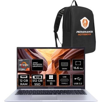 Asus Vivobook 15 M1502YA-NJ119W NJ119WP74 Harici Radeon Graphics AMD Ryzen 7 7730U 12 GB Ram 512 GB SSD 15.6 inç Full HD Windows 11 Home Laptop + PER4 Çanta
