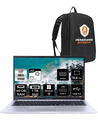 Asus Vivobook 15 X1502ZA EJ1068 Dahili Iris Xe Graphics Eligible Intel Core i5 1235U 40 GB Ram 1 TB SSD 15.6 inç Full HD Windows 11 Pro Laptop + PER4 Çanta