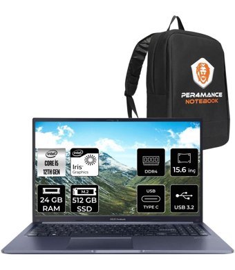 Asus Vivobook 15 X1502ZA EJ1069 Dahili Iris Xe Graphics Eligible Intel Core i5 1235U 24 GB Ram 512 GB SSD 15.6 inç Full HD Freedos Laptop + PER4 Çanta