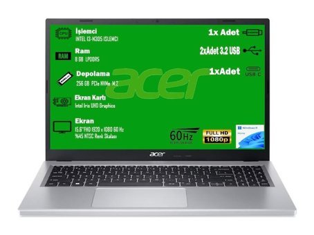 Acer Aspire 3 A315-510P-39S1 NX.KDHEY.008 Dahili UHD Graphics Intel Core i3 N305 8 GB Ram 256 GB SSD 15.6 inç Full HD Windows 11 Home Laptop