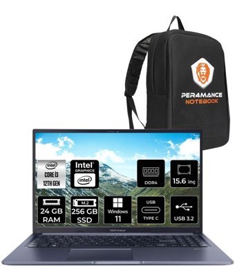 Asus Vivobook 15 X1502ZA EJ1645 Dahili UHD Graphics Intel Core i3 1215U 24 GB Ram 256 GB SSD 15.6 inç Full HD Windows 11 Home Laptop + PER4 Çanta