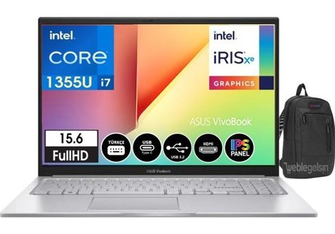 Asus Vivobook 15 X1504VA-NJ19404 Dahili Iris Xe Graphics Eligible Intel Core i7 1355U 8 GB Ram 2 TB SSD 15.6 inç Full HD Freedos Laptop + Weblegelsin Çanta