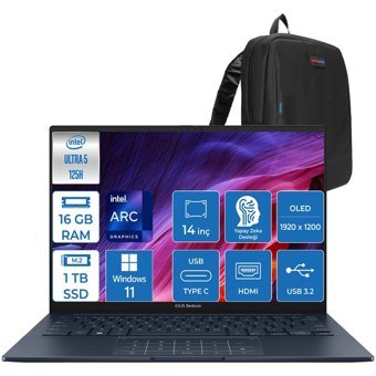 Asus Zenbook 14 QD089WP02 Dahili Intel ARC Graphics Intel Core Ultra 5 125H 16 GB Ram 1 TB SSD 14 inç Full HD Windows 11 Pro Laptop + Zetta Çanta