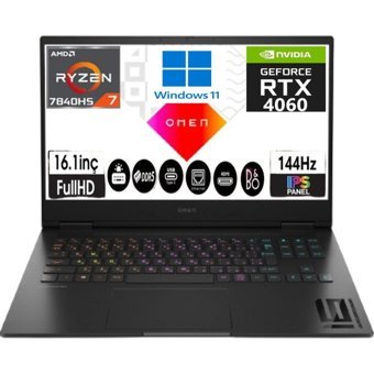 Hp Omen 16-0000NT 8X168EA04 Harici GeForce RTX 4060 AMD Ryzen 7 7840HS 16 GB Ram 1 TB SSD 16.1 inç Full HD Windows 11 Laptop