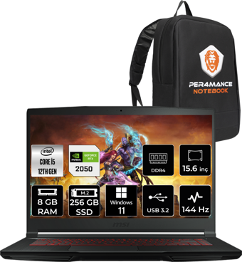 MSI Thin GF63 12UCX427XTRP351 Dahili UHD Graphics Intel Core i5 12450H 8 GB Ram 256 GB SSD 15.6 inç Full HD Windows 11 Home Laptop + PER4 Çanta