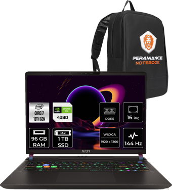 MSI Vector 16 A13VHG495TRP338 Dahili UHD Graphics Intel Core i7 13700HX 96 GB Ram 1 TB SSD 16 inç Full HD Freedos Laptop + PER4 Çanta