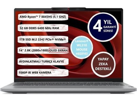 Lenovo IdeaPad 5 14AHP9 83D3002QTR Harici AMD Radeon 780M AMD Ryzen 7 8845HS 32 GB Ram 1 TB SSD 14 inç Full HD Freedos Laptop