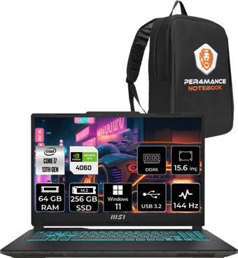 MSI Cyborg 15 A13VF893XTRP411 Dahili UHD Graphics Intel Core i7 13620H 64 GB Ram 256 GB SSD 15.6 inç Full HD Windows 11 Pro Laptop + PER4 Çanta