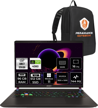 MSI Vector 16 A13VHG495TRP417 Dahili UHD Graphics Intel Core i7 13700HX 96 GB Ram 512 GB SSD 16 inç Full HD Windows 11 Pro Laptop + PER4 Çanta