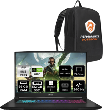 MSI Katana 17 B12VFK1031XTRP377 Dahili UHD Graphics Intel Core i5 12450H 96 GB Ram 512 GB SSD 17.3 inç Full HD Windows 11 Home Laptop + PER4 Çanta