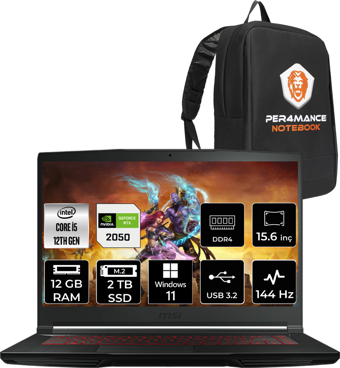 MSI Thin GF63 12UCX427XTRP409 Dahili UHD Graphics Intel Core i5 12450H 12 GB Ram 2 TB SSD 15.6 inç Full HD Windows 11 Pro Laptop + PER4 Çanta